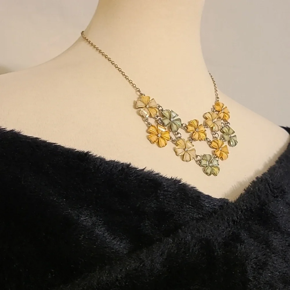 Yellow and Green Floral Design Statement Necklace - Picture 3 of 9